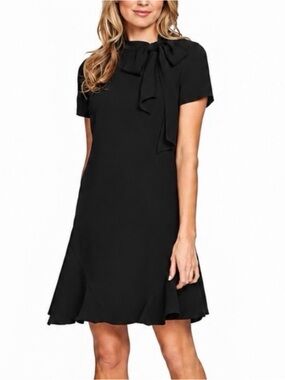 CeCe Black Tie-Neck Flared Short Sleeve Dress NWOT